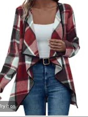 Andree Red and Cream Plaid Open-Front Cardigan